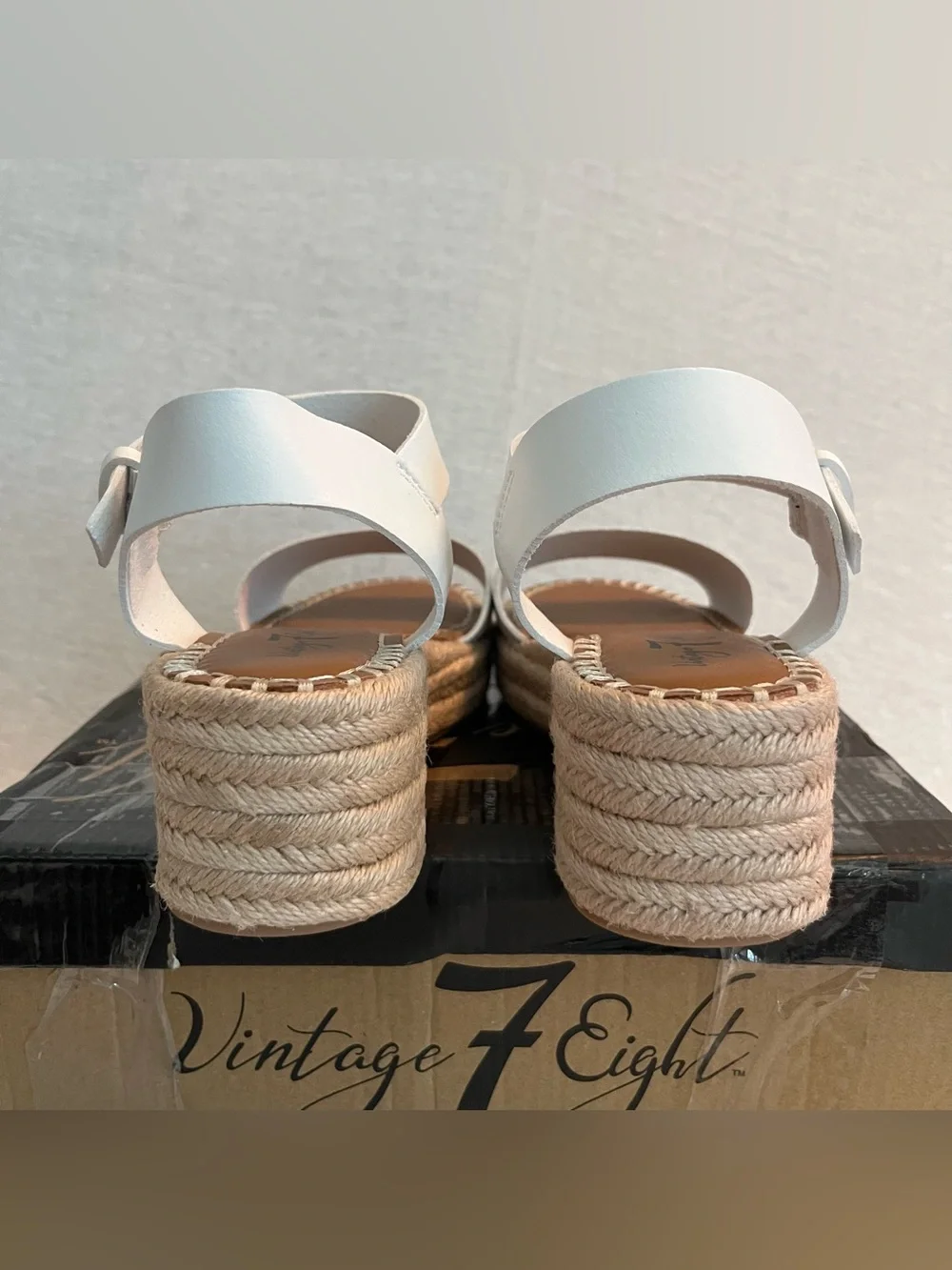 Vintage 7 Eight Luck White Espadrille Platform Sandals with Ankle Buckle
